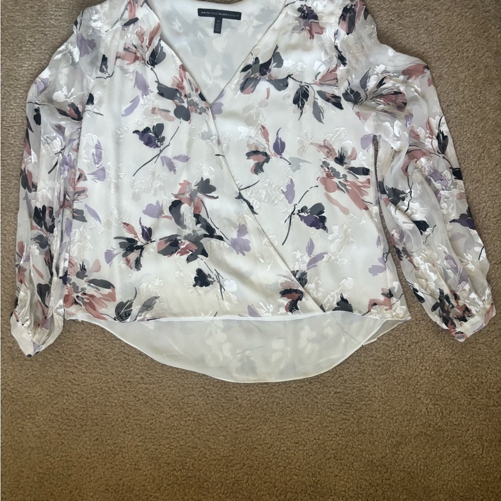 White Floral Wrap Blouse with Sheer Long Sleeves